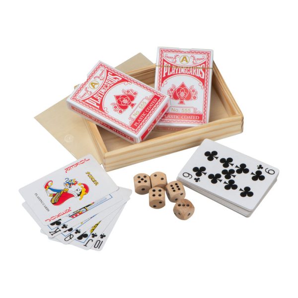 Playing cards in wooden box with dice